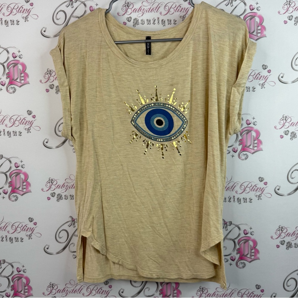 Edista Los Angeles T-shirt Evil eye 👁️ Stylish Beige Eye Graphic Tee blue gold